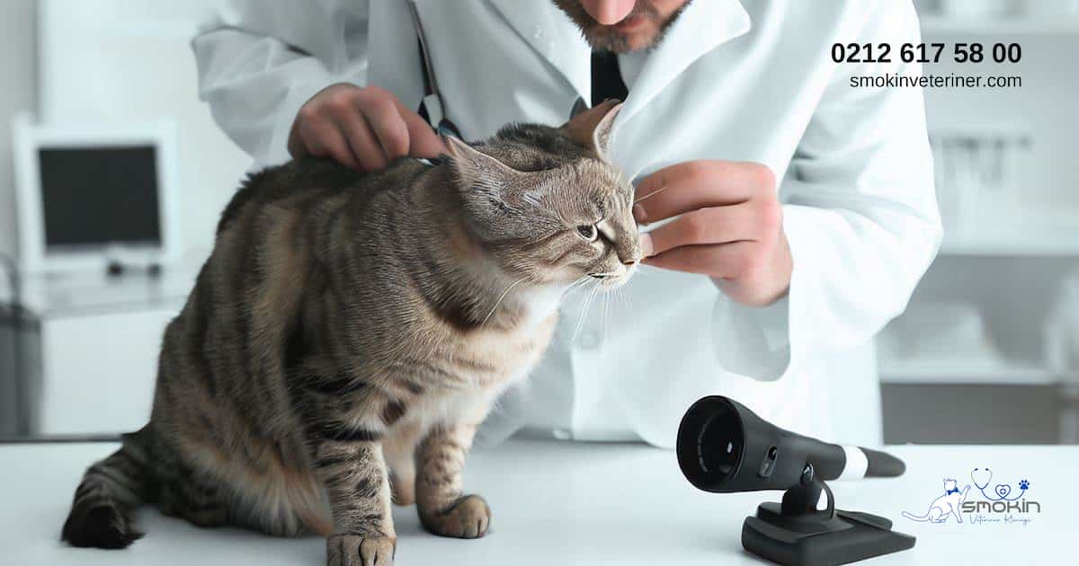 Veteriner Kliniğinde kedinin kulağını inceleyen bir veteriner hekim.